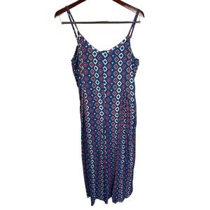 People Womens Jumpsuit Blue Geometric Print Wide Leg Size Large Sleveless Boho